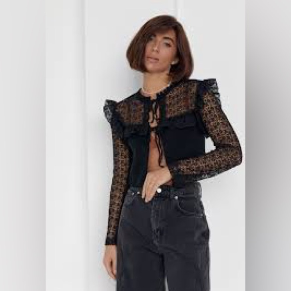 Zara Black Lace Ruffle Tie-Front Crop Top Cardigan Medium